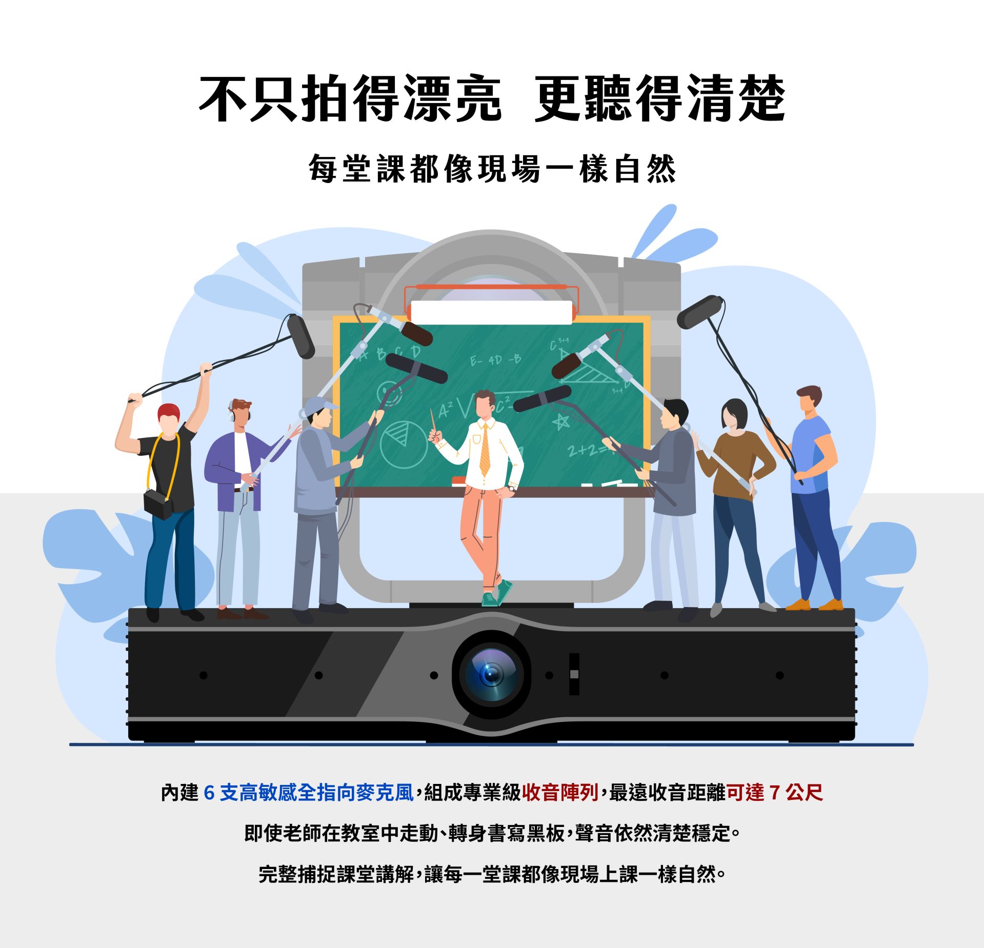 iCam Ultra攝影機不只拍得漂亮，更聽得清楚，內建6支高敏感全指向麥克風，組成專業級收音陣列，最遠收音距離可達7公尺，即使老師在教室中走動、轉身書寫黑板，聲音依然清楚穩定。完整捕捉課堂講解，讓每一堂課都像現場上課一樣自然。